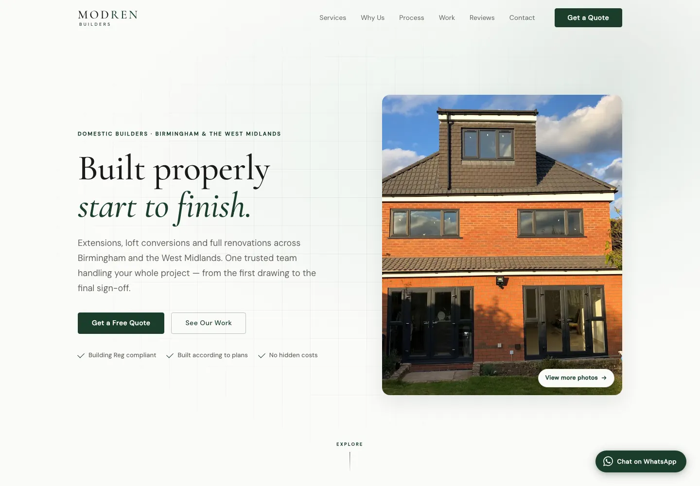 The Modren Builders homepage: a serif headline reading "Built properly start to finish" over an off-white background, beside a photo of a completed two-storey brick extension.
